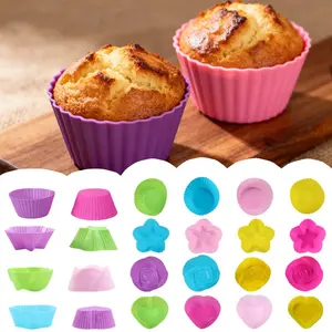 24 pcs Silicone Cupcake Liners Greaseproof Muffin Liners Nonstick Donut Mold Multi Flower Shapes Baking Cups for Donut Pan, Muffin, Jello, Bagel Pan, Oven