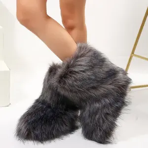 Faux Boots for Women Warm Fuzzy Fluffy Winter Furry Snow Boots Flat Shoes Outdoor,Faux Lined Mid-Calf Style