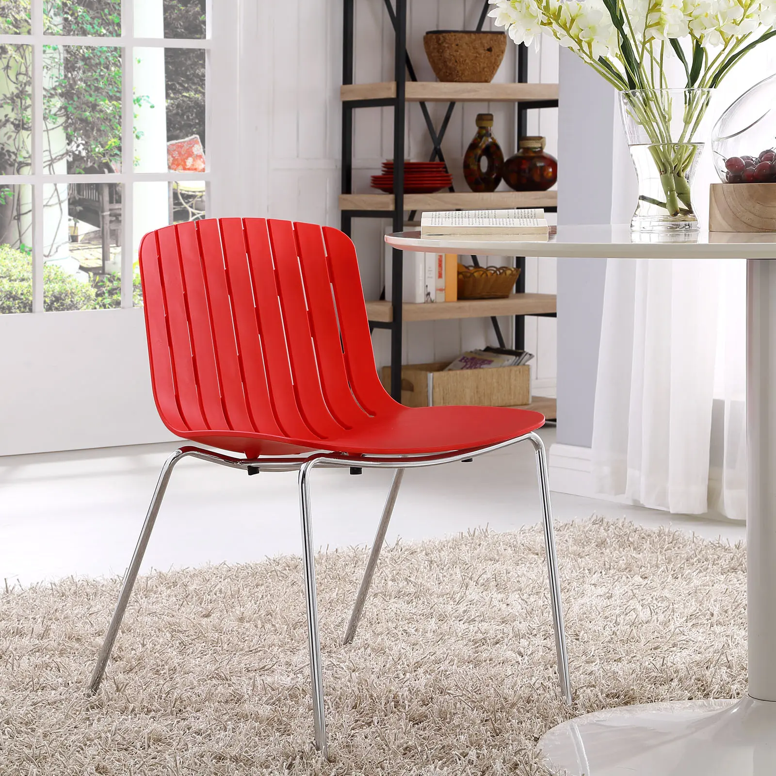 Trace Modern Bright Red Dining Side Chair - Breathable ABS Plastic Dining Chairs, Durable Chrome Plated Steel Indoor Furniture