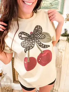 Faux Yarn Checkered Cherries Graphic Top