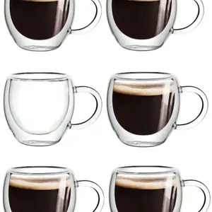 1-2-6 pcs double-walled espresso mugs with handles, glass mugs Drinkware. 2.8 oz clear espresso mugs, insulated, heatproof, reusable. Suitable for Beverage, tea, milk, latte, espresso. Unique birthday and Christmas Gift Option.