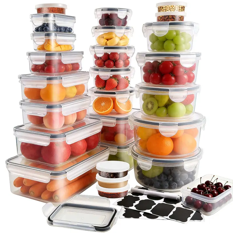 52Pcs Airtight Shatterproof PP Multifunctional Preserving Box Set (26 Plastic Food Jars + 26 Lids) - Stackable Lunch Container, Kitchen Gadgets, Fridge Organizer with Labels/Marker for Meal Prep, Lifetime Replace