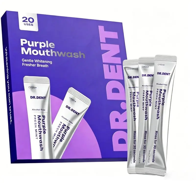 DR.DENT Purple Portable Mouthwash Sachets 20‑Pack, Alcohol‑Free & Peroxide‑Free, Vegan Mint Flavor