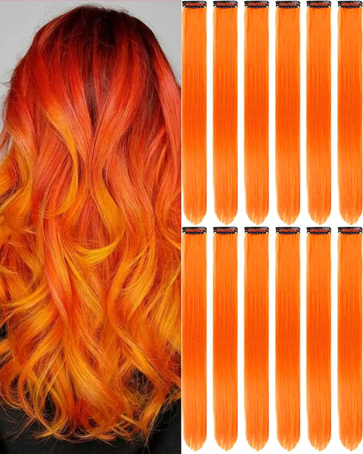 12 count Orange Hair Extensions Clip in, 22 Inch Colored Party Synthetic Neon Highlights Extensions, Rainbow Hair Accessories for Girls Women  Hair Pieces (Orange)