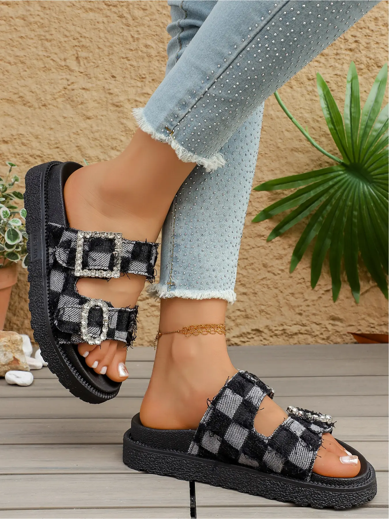 Vintage Black & Grey Checkered Platform Slides, Rhinestone Detail Sandals