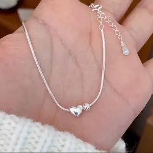 925 Sterling Silver Heart Charm Snake Chain Bracelet – Adjustable 7” to 8”