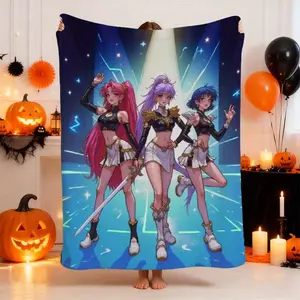 1pc KpopKpop Dream Stage Three Female Characters Black and Golden Glittering Starry Sky Design Flannel Blanket, Soft All-Season Anti-Allergenic Tear-Resistant for Sofa, Bedroom Office Camping Travel, Ideal Christmas Wedding Birthday Gift-280GSM