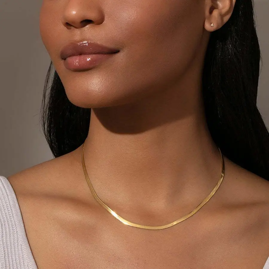 [LeBijouLab] Women's Elegant Golden Stainless Steel Snake Chain Necklace, 45cm+5cm Golden Herringbone Chain Jewelry Necklaces, Herringbone Necklace