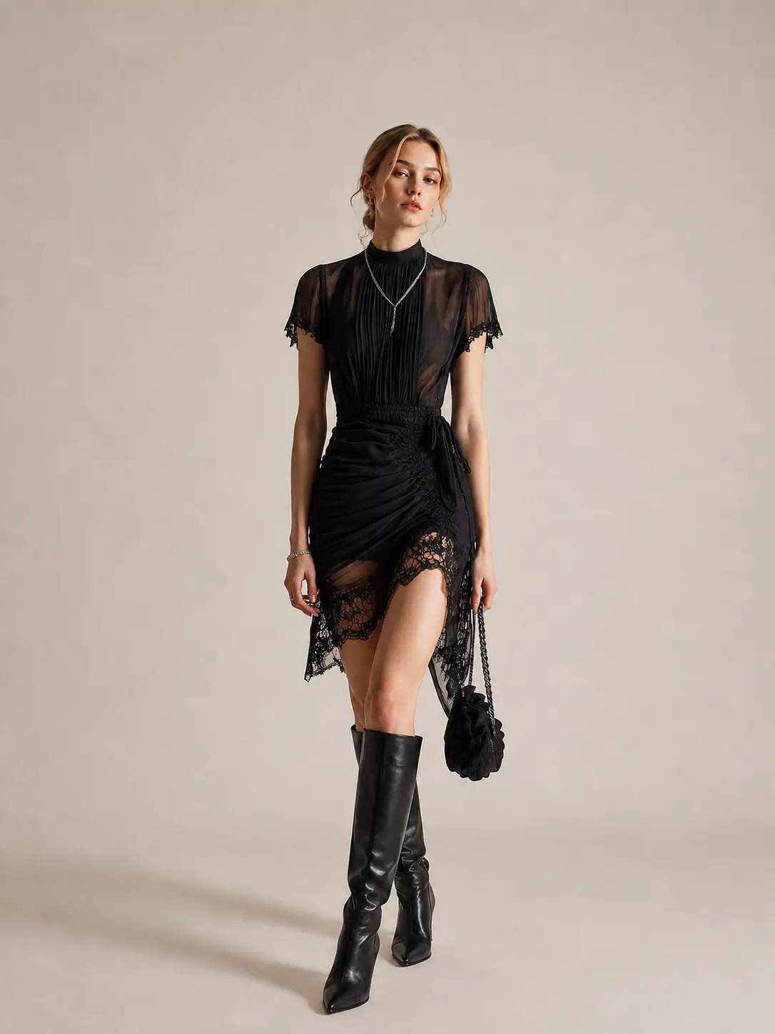 Women's Black Sheer Mesh Lace Mini Dress, Mock Neck Short Sleeve High Waist Ruched Bodycon Dress, Asymmetrical Hem with Drawstring and Lace Trim, Sexy Elegant Cocktail Party Date Night Club Wedding Guest Evening Outfit, Sizes XS-2XL, 2026 US Fashion