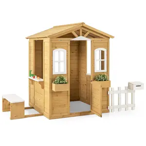 Costzon Kids Outdoor Play Playhouse, Outdoor Garden Cottage with Picnic Bench, Half Door, Windows, Mailbox, Fence, Flowerpot Holders, Cottage Playhouse for Backyard, Garden, Lawn, Patio, Gift for Ages 3+, Toys