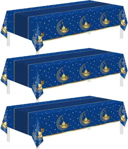 3 Pack Ramadan Table Cloth,Ramadan Decorations for Home,54" x 108" Eid Mubarak Decorations,Eid Ramadan Tablecloths Rectangular,Blue Plastic Table Cloth Disposable Table Cover for Party Favors