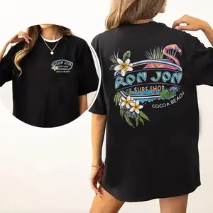 Tropical Flamingo & Surfboard Graphic Print T-shirt for men and women, Dual-Sided Beach Carnival Design, Loose Fit Crew Neck Short Sleeve for Men & Women, Summer Surfing