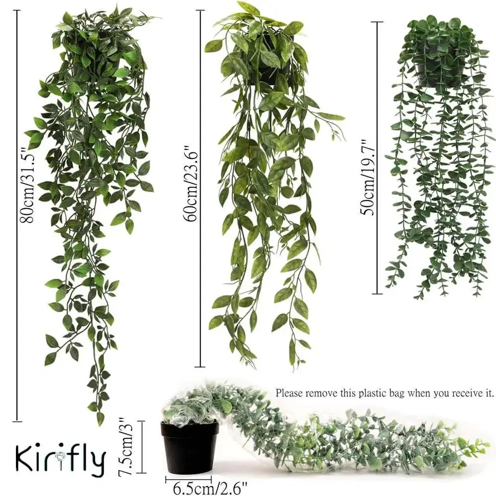 Artificial Green Plants, Plastic Eucalyptus Vines, Eucalyptus Leaves & Datura, Hanging Potted Fake Greenery for Indoor Decoration,You'll receive exactly 3 pcs