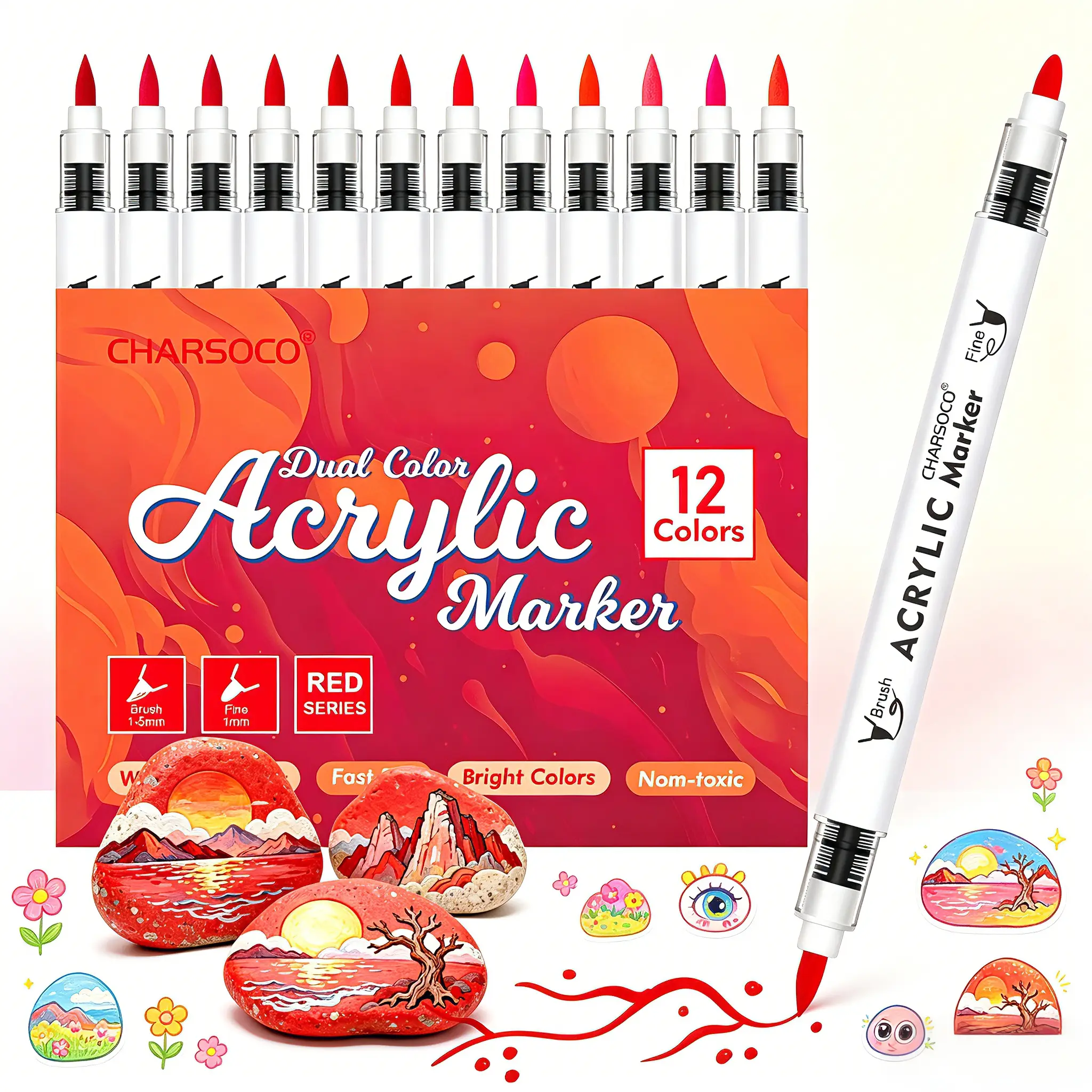 12 Count Dual Tip Acrylic Marker Single Color Set (Red/Yellow/Grey/Blue/Green/Purple/Brown/Skin Tone), Waterproof Opaque Pens, Soft Brush & Fine Dual Tip, Rich Pigment for Rock, Wood, Ceramic, Canvas, DIY Dopamine Art Crafts