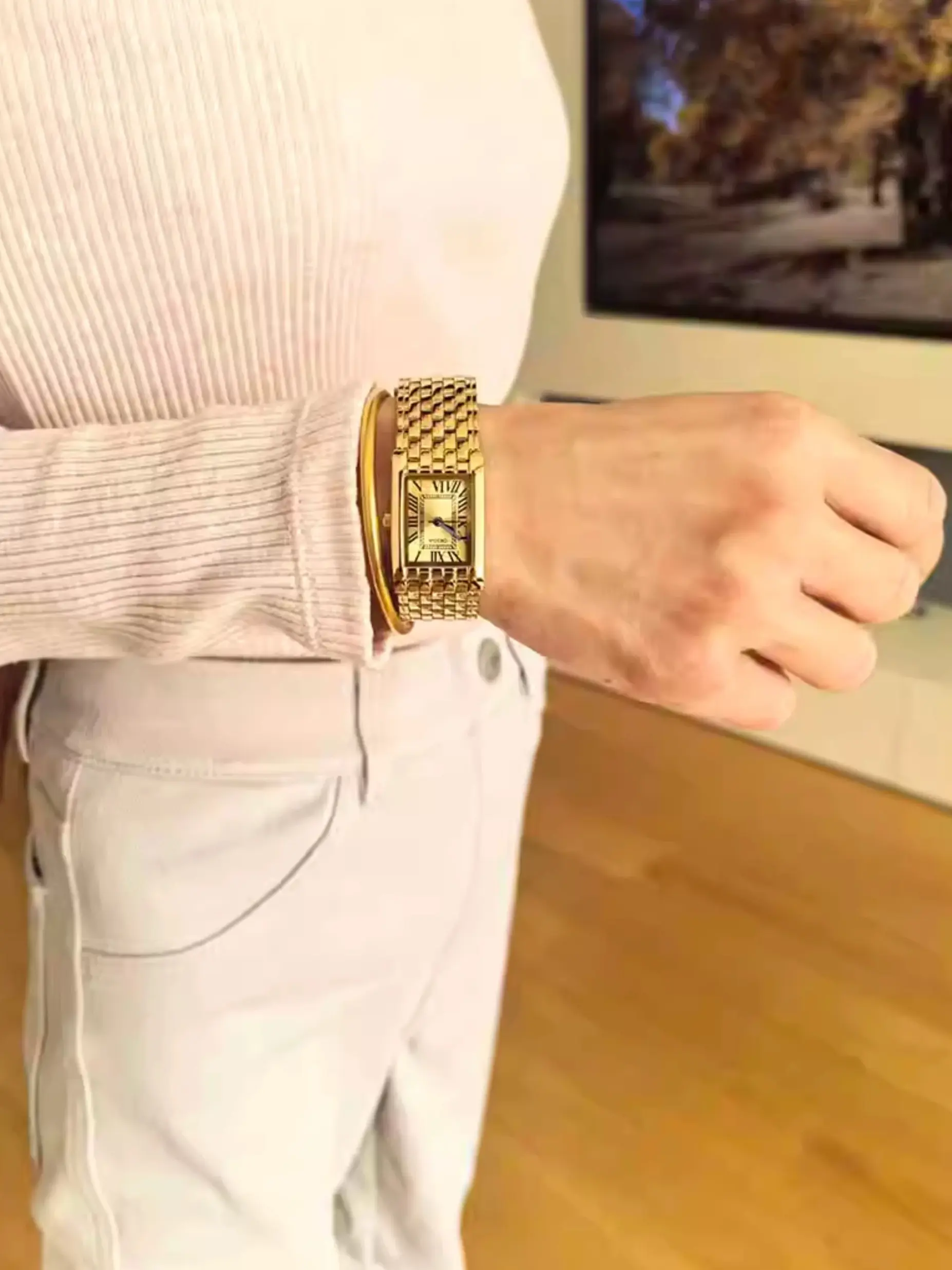 Women's Vintage Rectangle Watch Set, Analog Quartz, Waterproof Metal Strap, Casual All-Season Fashion Timepiece