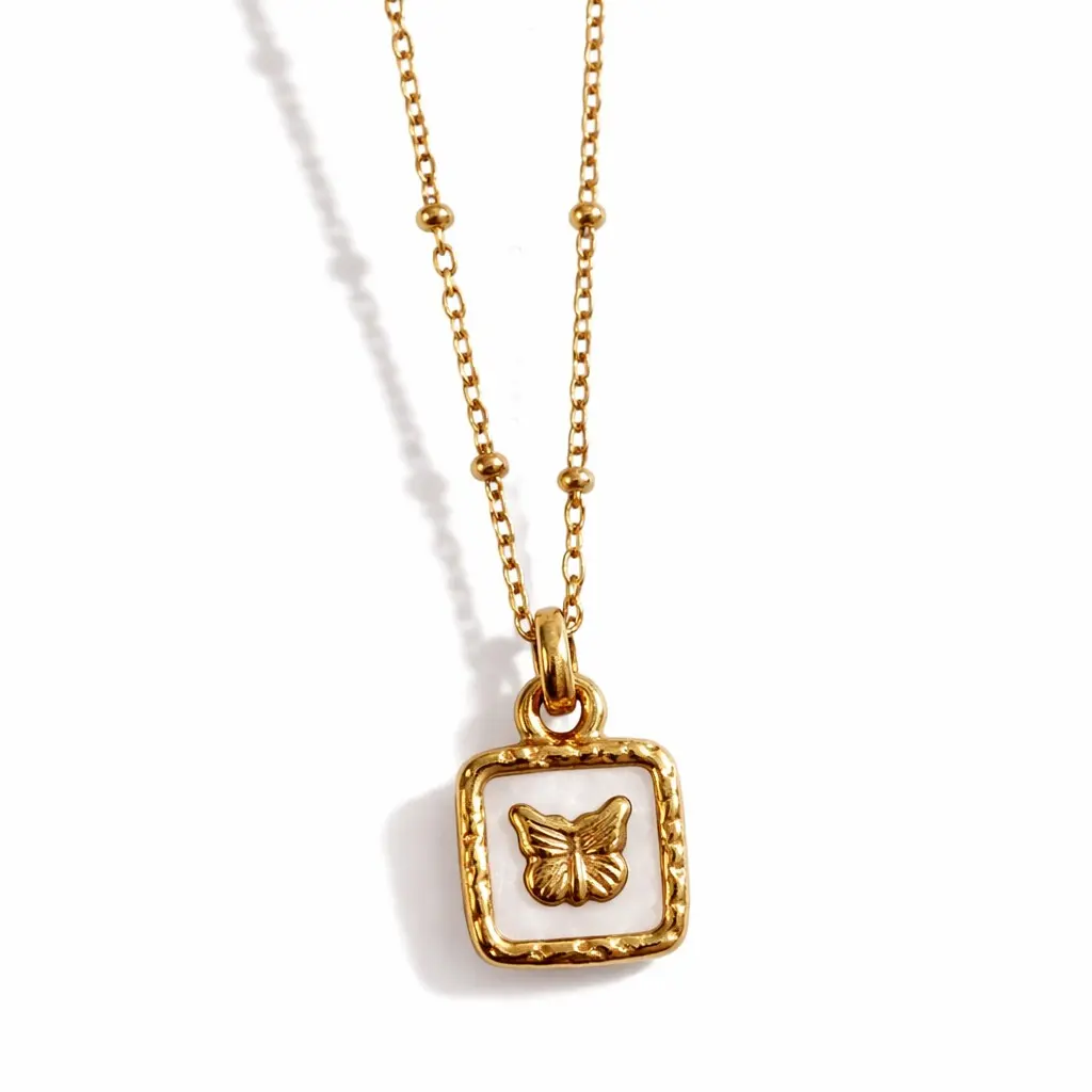 Butterfly Shell Square Charm 18K Gold-Plated Necklace
