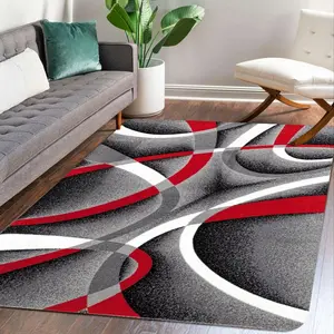 Modern Abstract Wave Geometric Flannel Area Rug, Abstract Runner Rug - Red Grey Contemporary Print Soft Mat for Living Room, Non-Slip Minimalist Home Decor