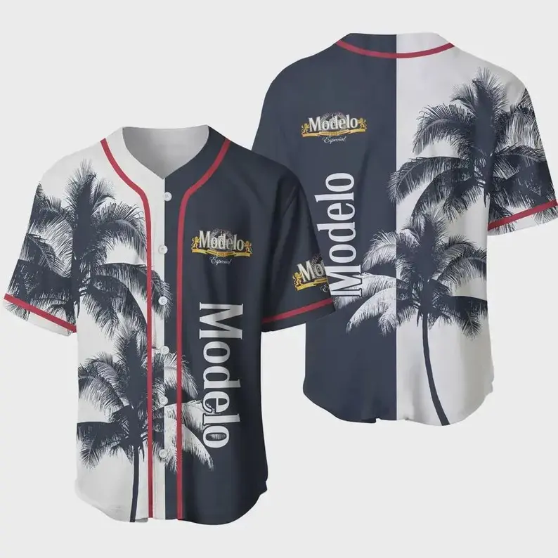 Modelo Especial Beer Baseball Jersey Unisex Oversized Tropical Palm Tree Navy White Red Streetwear Summer Beach Casual Comfort Button-Down Shirt Men Women