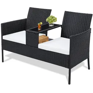 Wicker 2 Seat Patio Conversation Set, Outdoor Rattan Loveseat with Table, Washable Cushion Covers, Backyard, Garden, Lawn, Black Rattan with Black Cushion