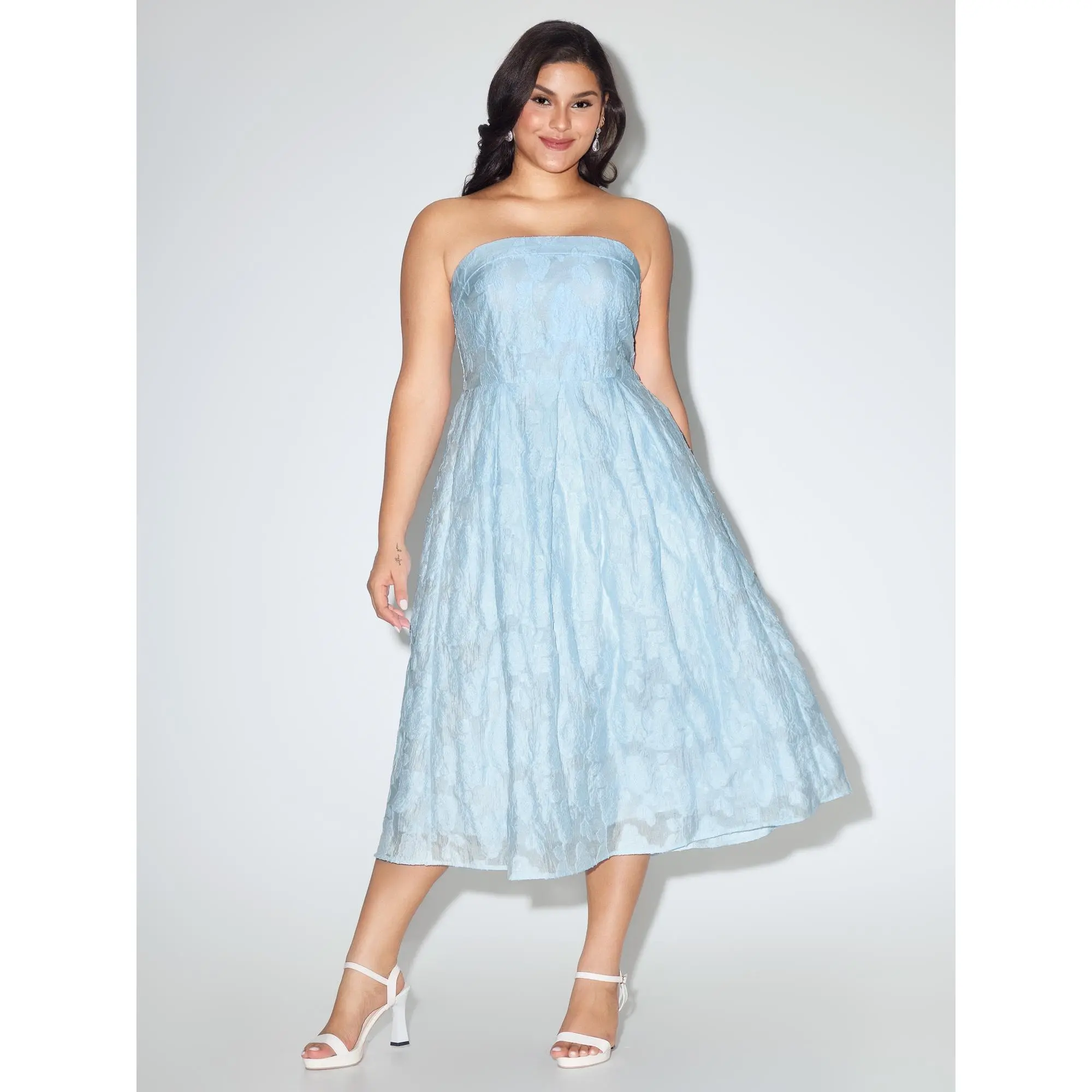 BLOOMCHIC Women's Plus Size Textured Jacquard Formal Midi Dress with Detachable Straps, Polyester-Nylon Smooth Fabric Garment, Size M-6X, 2026 Summer Style, Pocket, Smocked, Sleeve
