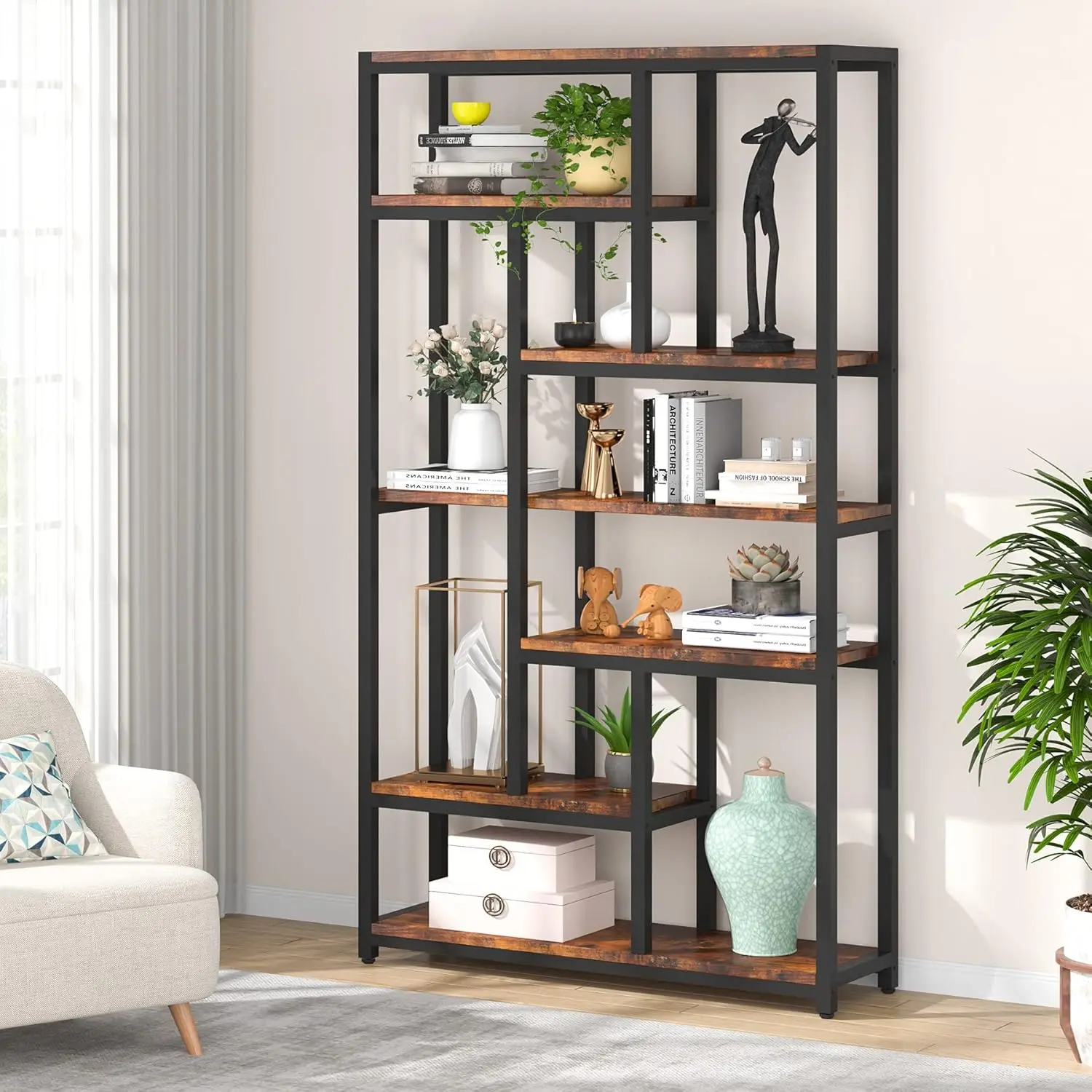 TRIBEWOOD 79 Inch Extra Tall Bookshelf, 7-Tier Vintage Bookcase, Industrial 10-Shelf Open Storage Shelves Display Shelves Organizer for Home Office