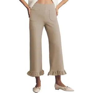 Women's Gingham Pants Summer Casual Elastic Waist Straight Leg Ruffle Hem Stretchy Cropped Trousers with Pockets