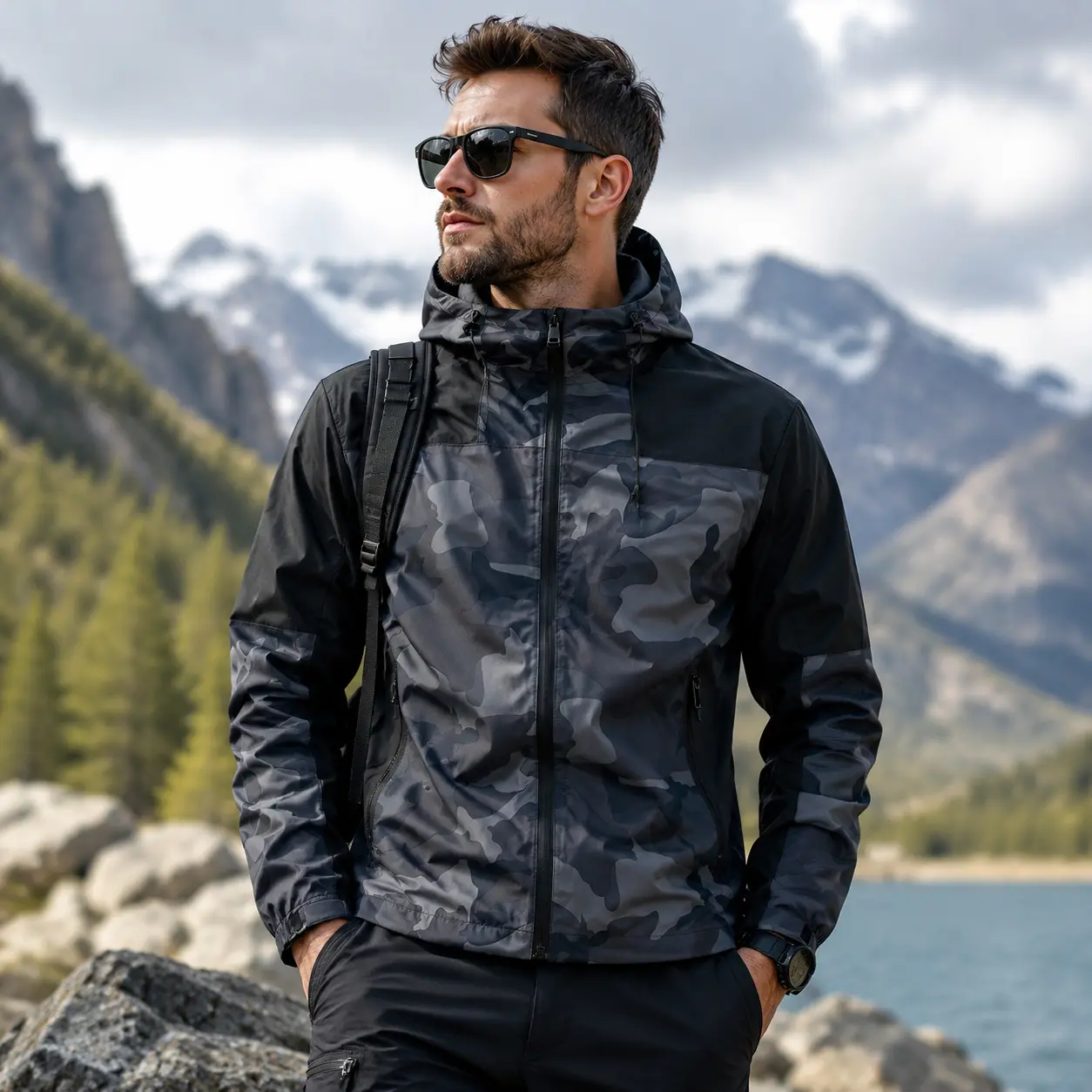 Men’s Military-Style Camouflage Hooded Long Sleeve Jacket - Waterproof Windbreaker, Lightweight Machine Washable Camping&Hiking Tactical Coat with Chain, Available in 2XL Size, Army-Themed Men's Lightweight Jackets, Cargo Tactical Men's Lightweight Jacket