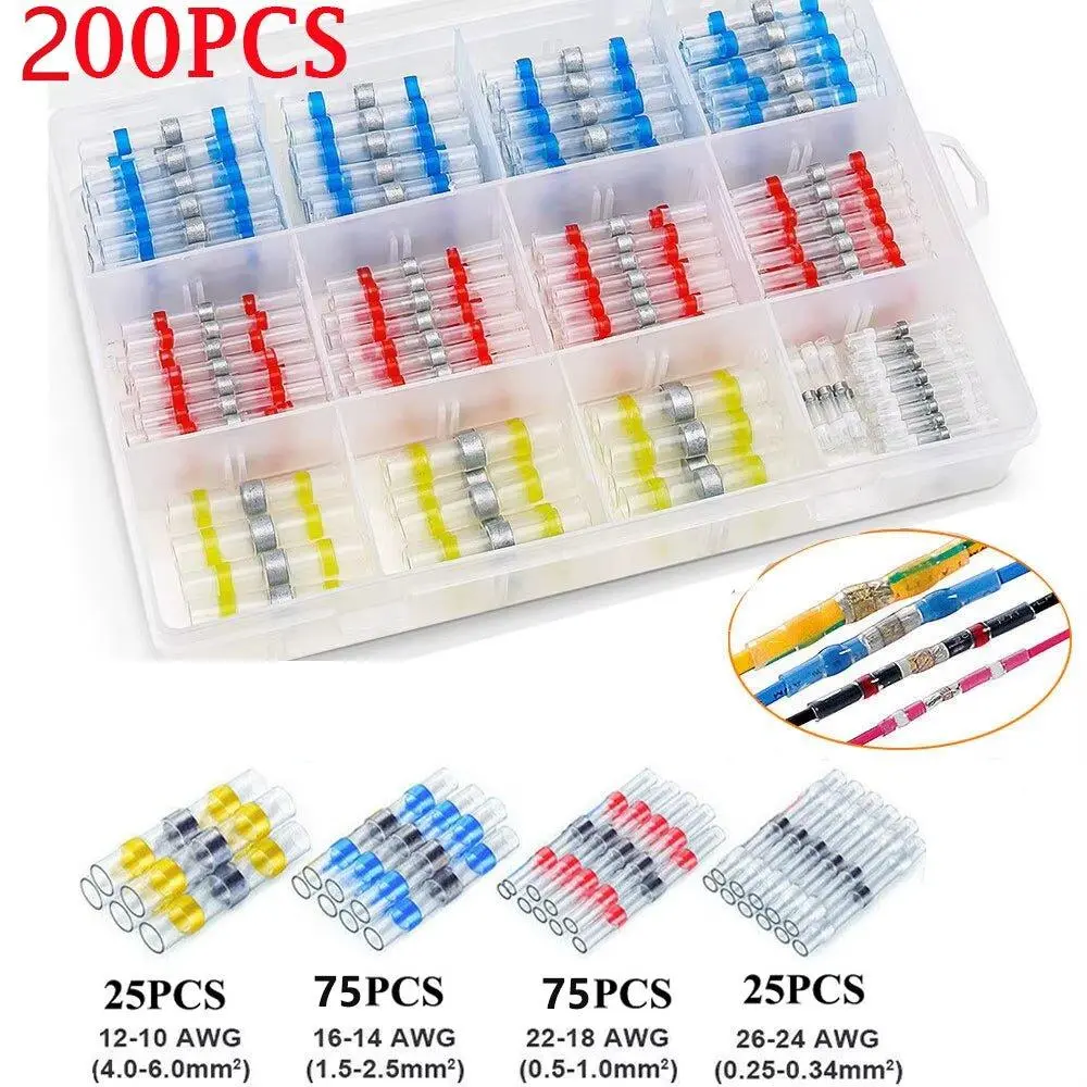 200pcs Dual-Wall Heat Shrink Butt Wire Connectors Terminals, Automotive & Marine Waterproof Solder Sleeve Seals, Easy to Use Hardware Tools