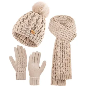 3PC Winter Knit Hat Gloves Scarf Set for Women Winter Warm Pom Pom Hat with Fleece Lining Cozy Long Scarf and Touchscreen Gloves Christmas Gifts