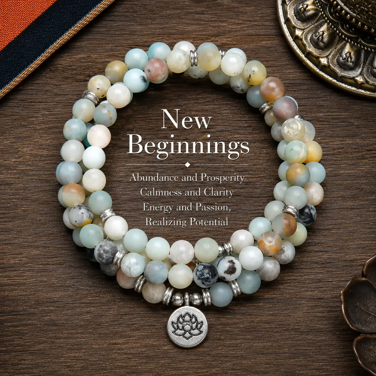8mm Amazonite 108 Mala  Long Beaded Wrap Crystal  Bracelets Genuine Gemstone Mala Prayer Beads Lotus Buddha Charm Yoga Beads Necklace Meditation Ideal Gift Jewelry for Men and Women, Elegant with Lotus Pendant, Ramadan.Long Chain，Sweater chain，