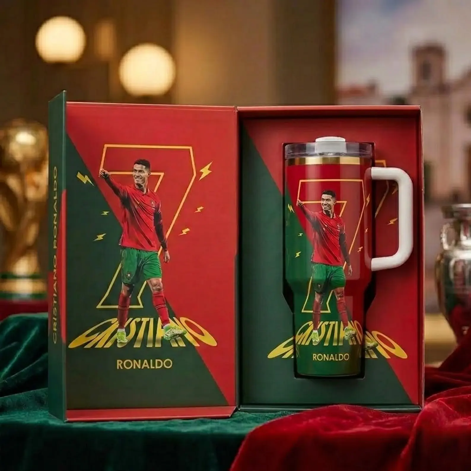 Ronaldo #7 Portugal Soccer Tumbler 40oz With Handle, Ronaldo Stainless Steel Travel Mug, Football Insulated Cup With Straw, Gift For Ronaldo Fans