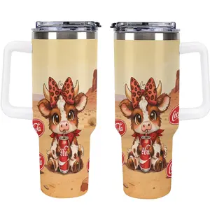 Western Cow Coca-Cola Insulated Tumbler 40oz with Handle, Cute Cow Leopard Print Soda Travel Cup, Gift for Coca-Cola Fans, Desert Cowgirl Tumbler for Soda Lovers