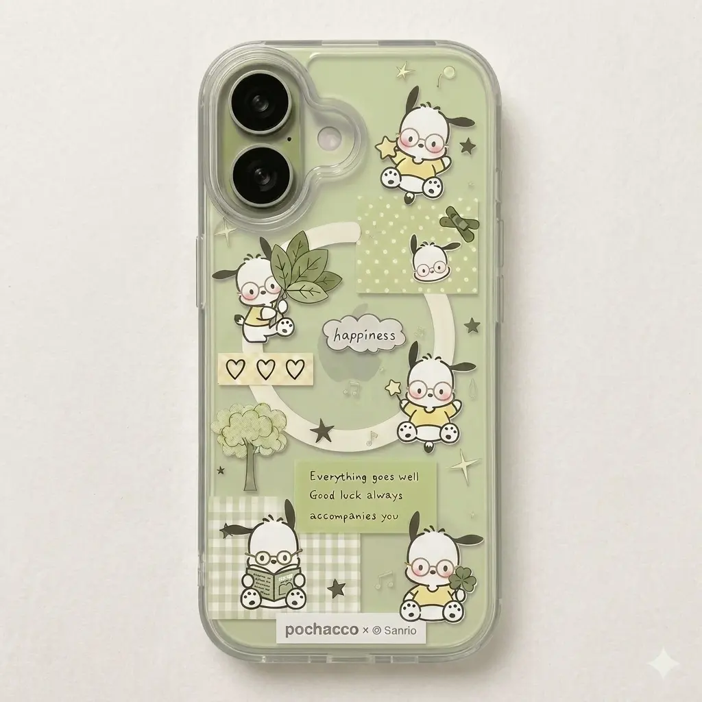 Cute Kawaii Pochacco Green MagSafe Clear Phone Case,Cute Dog Shockproof Protective Cover, Slim Wireless Magnetic Case for iPhone 17 16 15 14 13 12 11 Pro Max, Samsung S26 S25 S24 S23 S22 Ultra