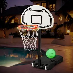YODOLLA LED Pool Basketball Hoop, Height Adjustable 3-4.6 ft, 15" Light-Up Rim, Glow-in-The-Dark Ball with Pump, Portable Poolside Game