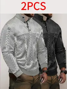 2pcs Men'S Heavyweight Jacquard Knitwear Sweater Set - Cozy Long Sleeve Henley Shirts with Button Details, &, Perfect for Fall/Winter Casual Wear, Casual Winter Wear|Button Detail Shirt|Stretchy Fabric, Menswear