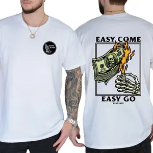 Easy Come Easy Go Graphic T-Shirt - Flaming Cash and Skeleton Hand Design for a Bold Minimalist Rebellion Look - Menswear Top