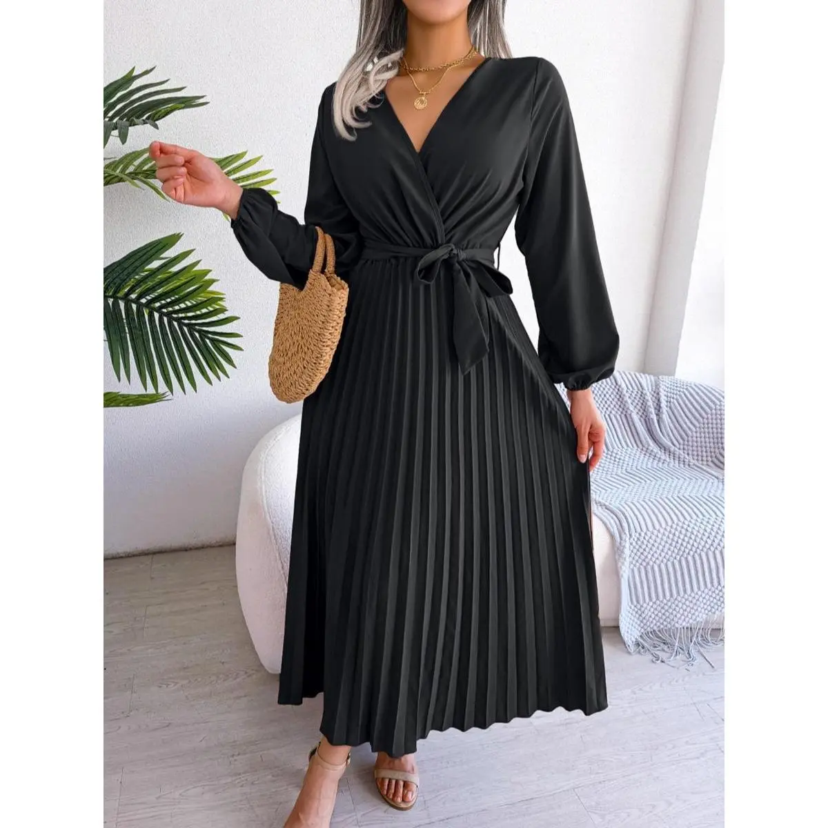 NEW(New)Women's Mean Girls Plain Belted Pleated Wrap Vneck a Line Dress, Elegant Chic Comfort Bishop Sleeve Midi Dress for Spring, Ladies Clothes for Daily Vacation Outdoor, Sun Dresses, Dresses for Women