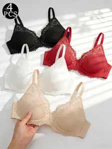 4pcs Plus Size Elegant And Sexy Bra, Lace V-Neck Fashion Bra, Comfortable Backless Soft And Breathable Lingerie, Mixed Color Luxurious Gathering Top Support Bra No Padding Tops