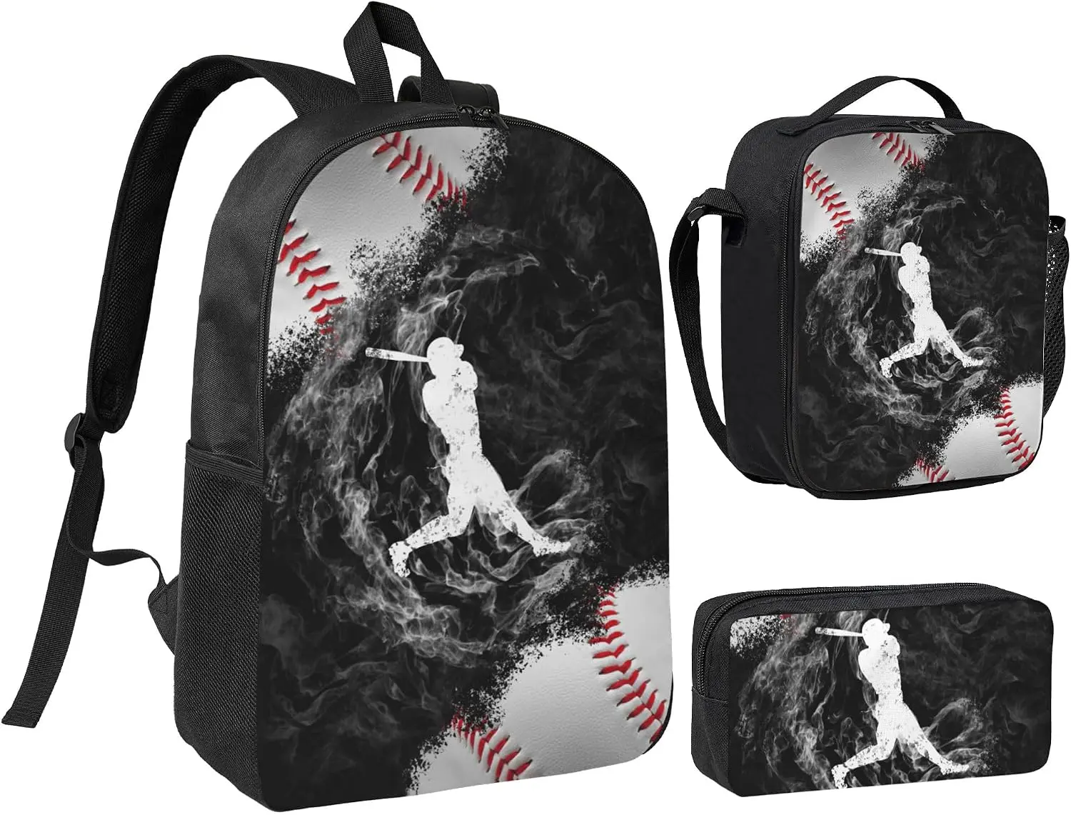 Baseball Graphic Kids Teens Backpack Set, Skin-Friendly Waterproof Polyester Baseball Sport Print 3 Piece Matching Bag Pack, Lightweight Breathable Padded Comfort Wear, School Sports Training Travel Casual Student Bookbag