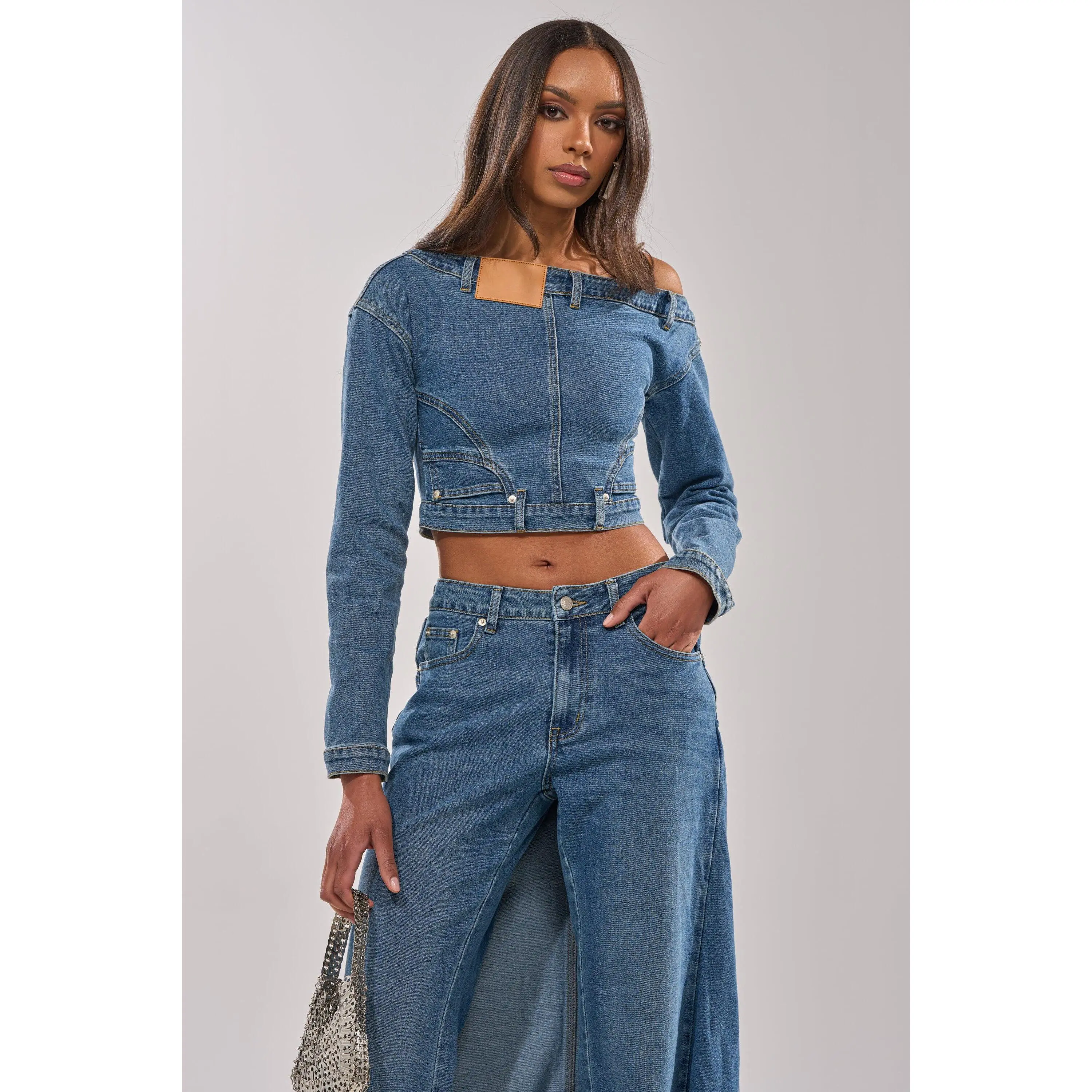 SHAKE IT OFF DENIM OFF THE SHOULDER TOP