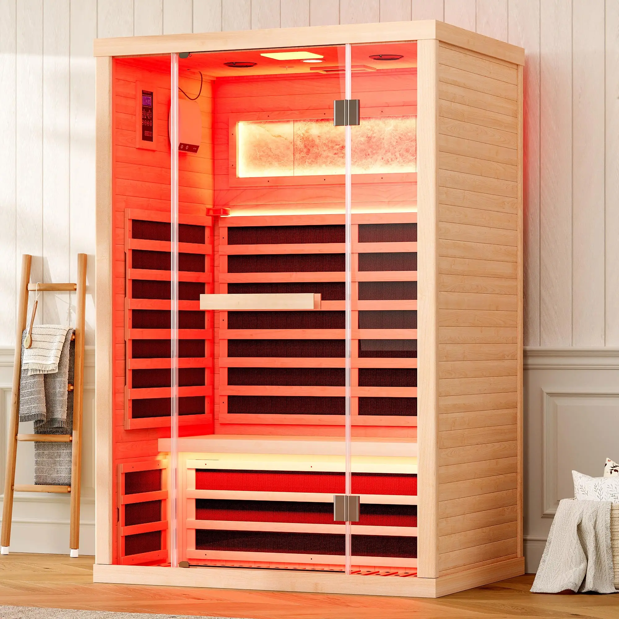AMERLIFE Indoor/Outdoor Infrared Sauna for 1/2/4 Person, Low EMF 930W/110V&1463W/110V&2145W/110V Hemlock Wood Sauna with Tourmaline Foot Warmer, 7-Color Light Therapy, Salt Crystal Bricks, Easy Assembly[tiktokshopbacktoschool][SohoChic]