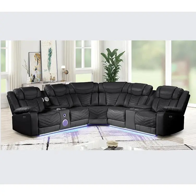 Minimal Chic Black Modern Recliner Sectional Sofa - Indoor Living Room Furniture with Wood-Faux Leather Construction, Stainless Steel Accents, Built-In USB Ports, Bluetooth Functionality