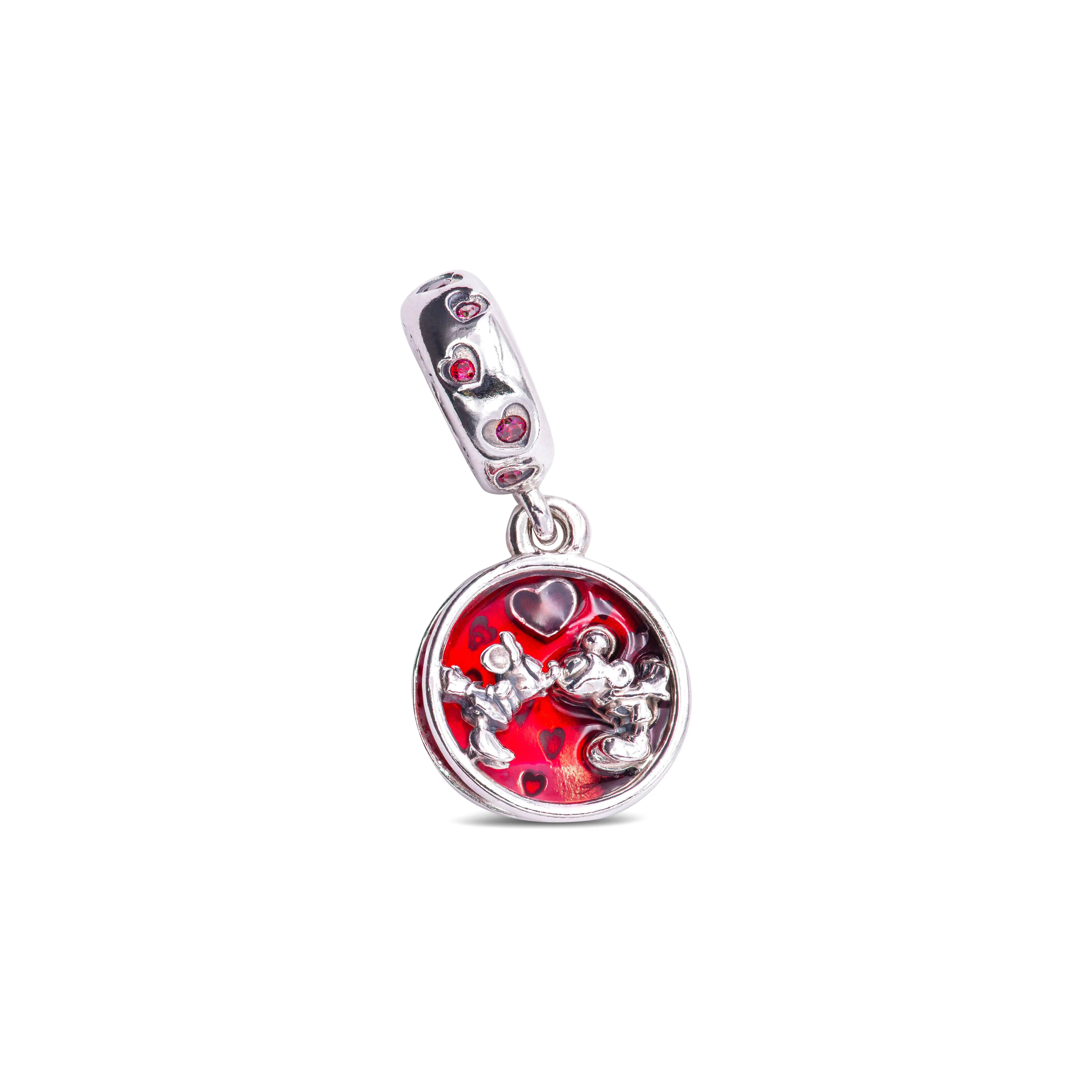 PANDORA Disney Mickey & Minnie Mouse Love & Kisses Dangle Charm, Sterling Silver Open Frame with Transparent Enamel, Romantic Gift Idea for Adults, Gift Ideas, Heart-Shaped, Kiss Motif, Couple, Engraving