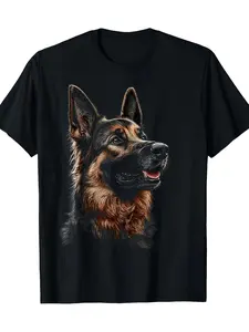 Men's German Shepherd T-Shirt - Heavyweight 100% Cotton Crew Neck Tee with Realistic German Shepherd Dog Print, Short Sleeve Casual Shirt Suitable for All-Season Wear, Fitness & Outdoor Activities, Ideal Gift for Dog Lovers (Machine Washable)