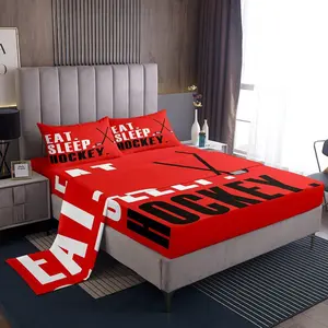 Feelyou Ice Hockey Theme Microfiber Bed Sheet Set - Soft Breathable Sheet, Deep Pocket Bedding, Red Sport-Themed Decor for Boys, Winter Hobby Room Use, Microfiber Bed Sheets