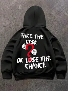 Aesthetic Black Graphic Hoodie for Men & Women - "TAKE THE RISK" Dice Quote Pullover Sweatshirt - Heavyweight Comfortable Hooded Top for Street Photography, Gym & Casual Hangouts Funny Graphic Sweatshirt