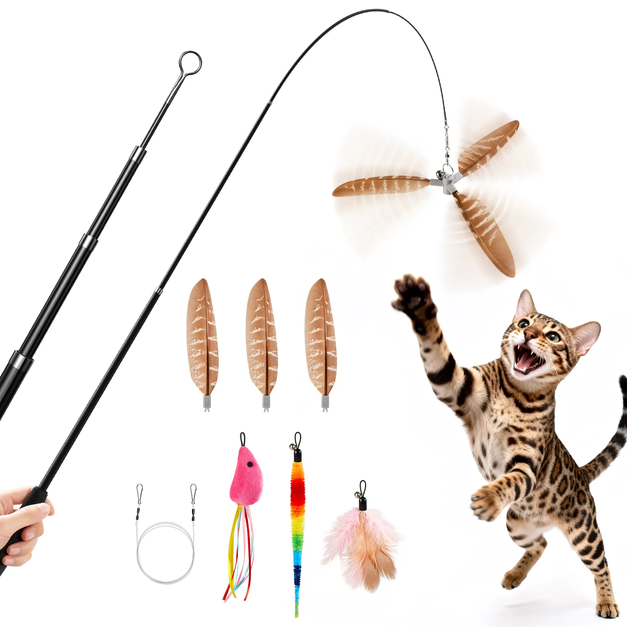 Potaroma Carbon Fiber Cat Wand Toy - Corrosion-Resistant Retractable Feather Teaser Stick with 6 Detachable Bird-Fly Attachments, Bells, 58" Safe Reach, Hunting Stimuli for Kittens&Adults, All-Seasons Indoor Durable Enrichment Toy