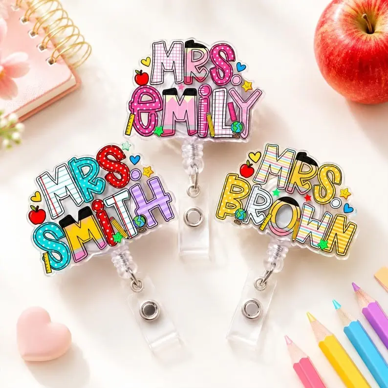 Custom School Pattern Name Teacher Badge Reel Personalized ID Clip, Acrylic ID Holder