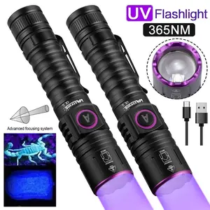 2-Pack 365nm Zoomable USB Rechargeable High-Power UV Flashlight, Portable Torch with 18650 Battery for Pet Urine Detection, Resin Curing, Rockhounding