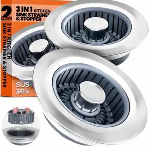 Sink Drain Strainer & Stopper 3-in-1 Kitchen SUS 304 Stainless Steel Drain Plug with Anti-Clog Basket Pop-Up Cover Fits Standard 3-1/2” Openings for Double Bowl Sinks